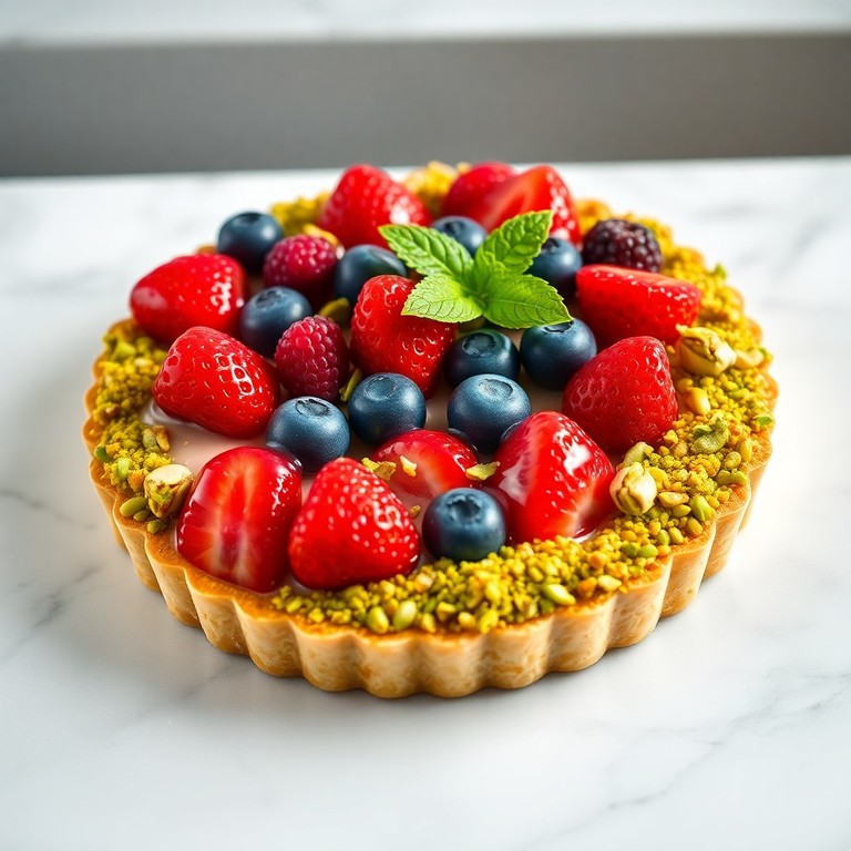 Tarta de Frutas y Pistacho con Texturas Múltiples