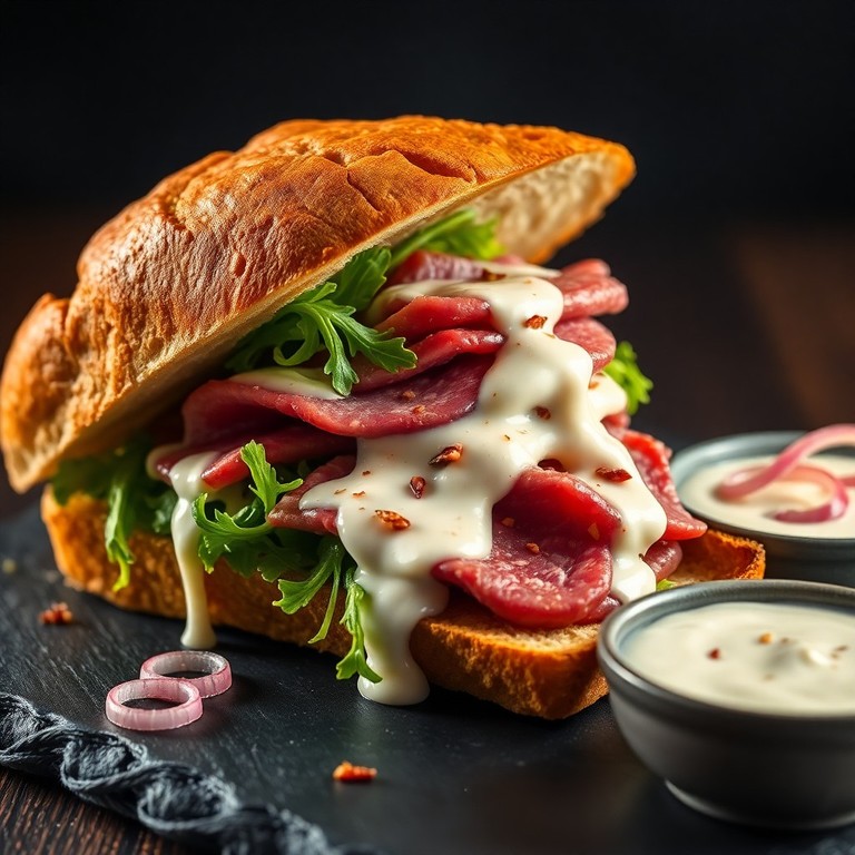 Emparedado de Picaña en Pan Artesanal con Salsa Blanca de Chile Piquín