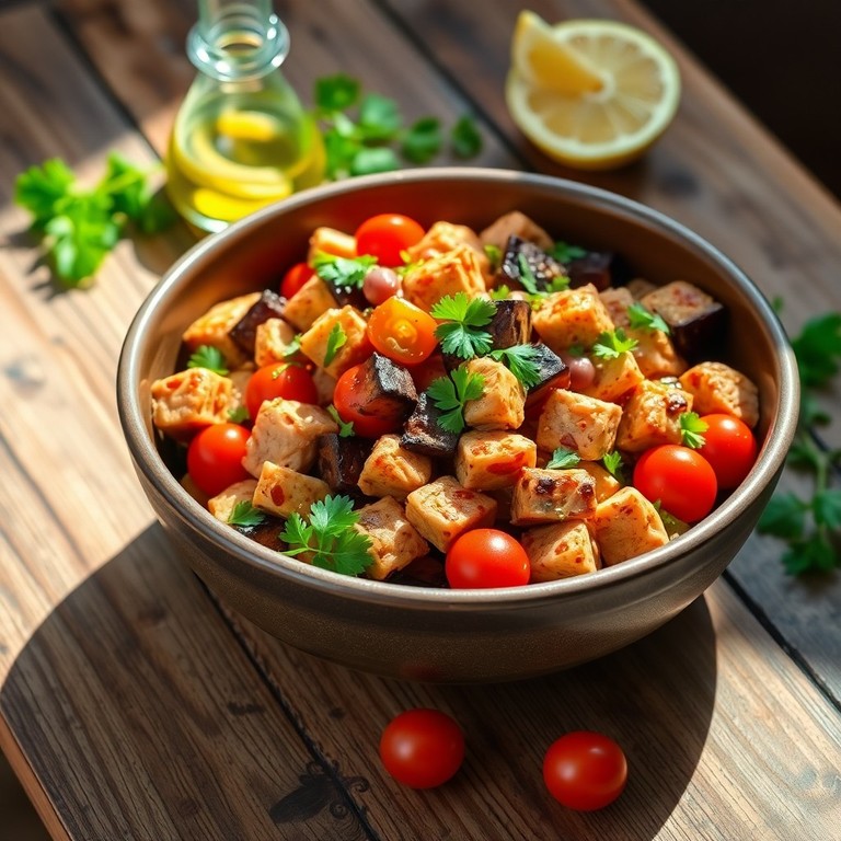 Ароматный салат с копчёной курицей, фасолью и баклажанами