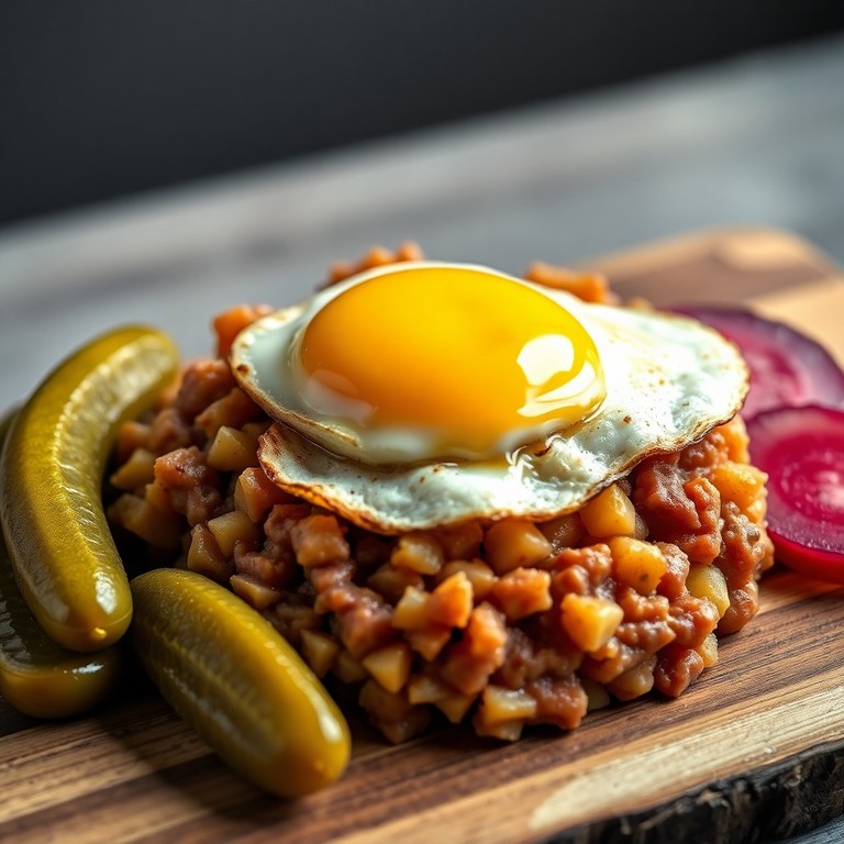 Klassischer Hamburger Labskaus mit Garnitur-Fokus