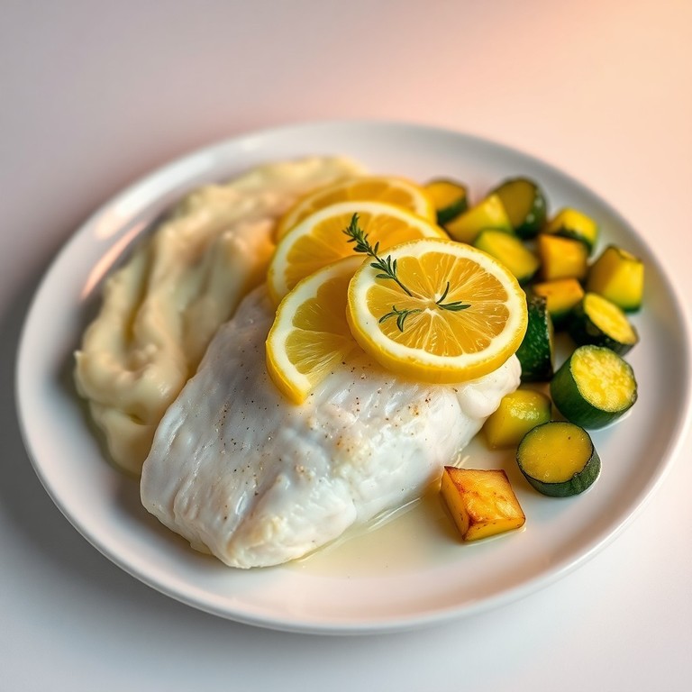 Filet de Poisson Blanc en Papillote, Purée Crémeuse et Courgettes Sautées