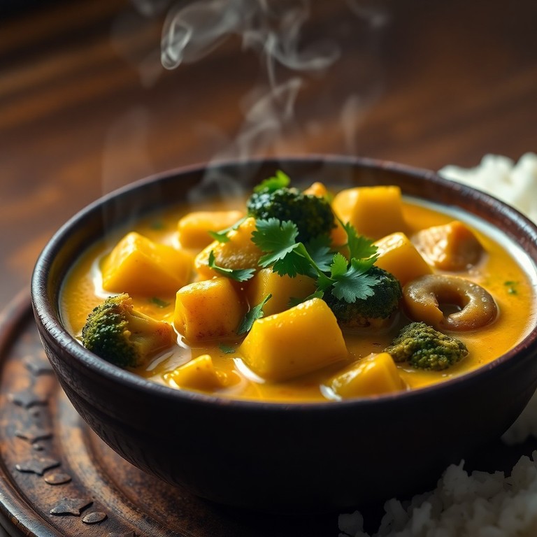 Curry Cremoso de Abobrinha e Cogumelos com Brócolis e Couve-Flor