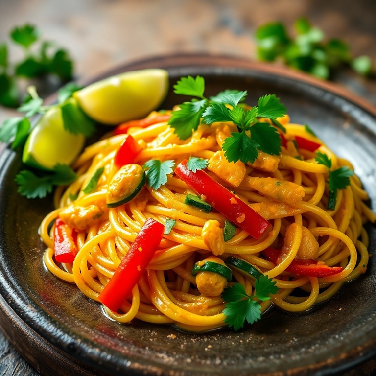 Spaghetti aux Légumes Sautés et Sauce Curry Végétarienne