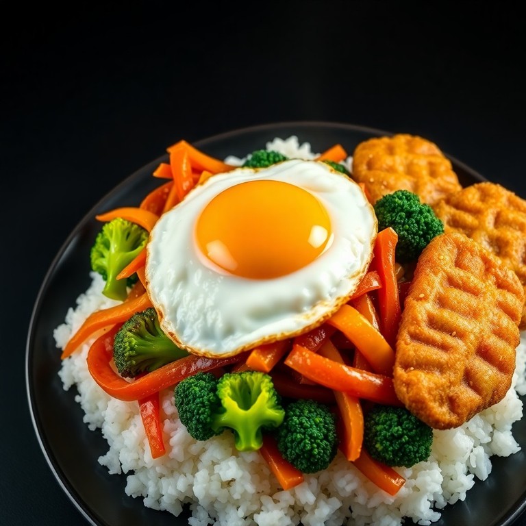 Salteado Asiático de Pollo y Verduras con Huevo Frito