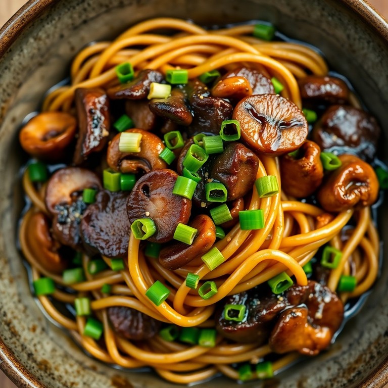 Roerbak van Bospaddenstoelen, Biefstukreepjes en Udon Noodles