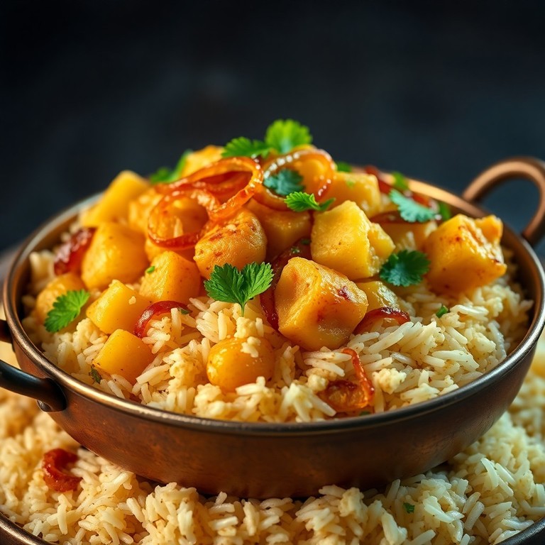 Vegetarisches Biryani mit Kartoffeln und Blumenkohl aus dem Mikrowellen-Reiskocher