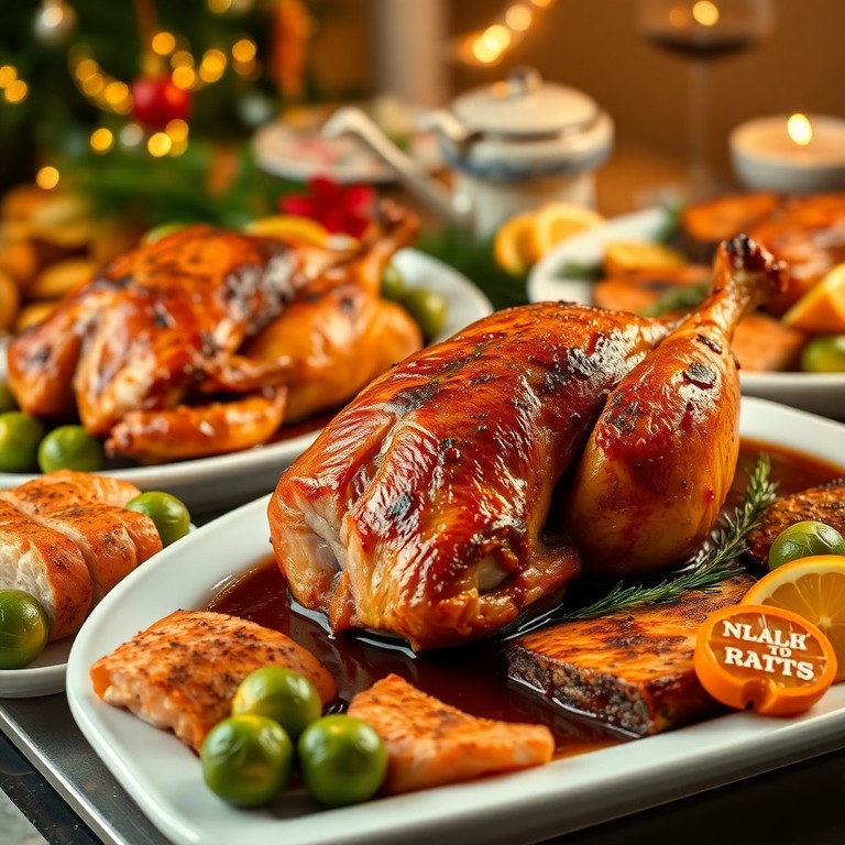 Festliches Weihnachts-Buffet: Gebratene Ente und Lachsfilet
