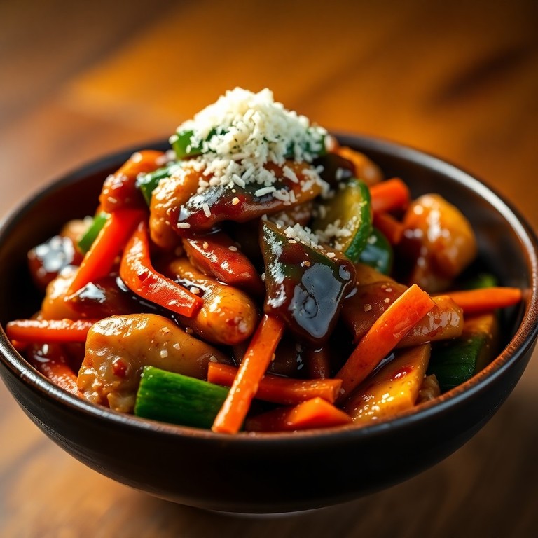 Salteado Rápido de Pollo, Calabacín y Zanahoria con Toque de Queso