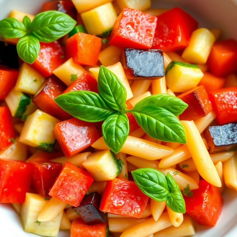 Kalte Sommerpasta mit Tomaten, Zucchini und Aubergine