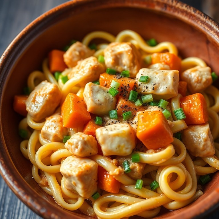 Pollo Desmenuzado Estofado en Salsa Aromática con Fideos Tirabuzón (Alto Sabor)