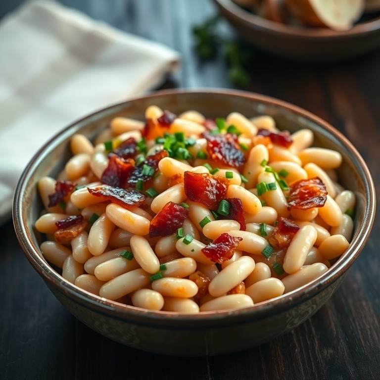 Herzhafter Deutscher Bohnensalat mit Speck und karamellisierten Zwiebeln