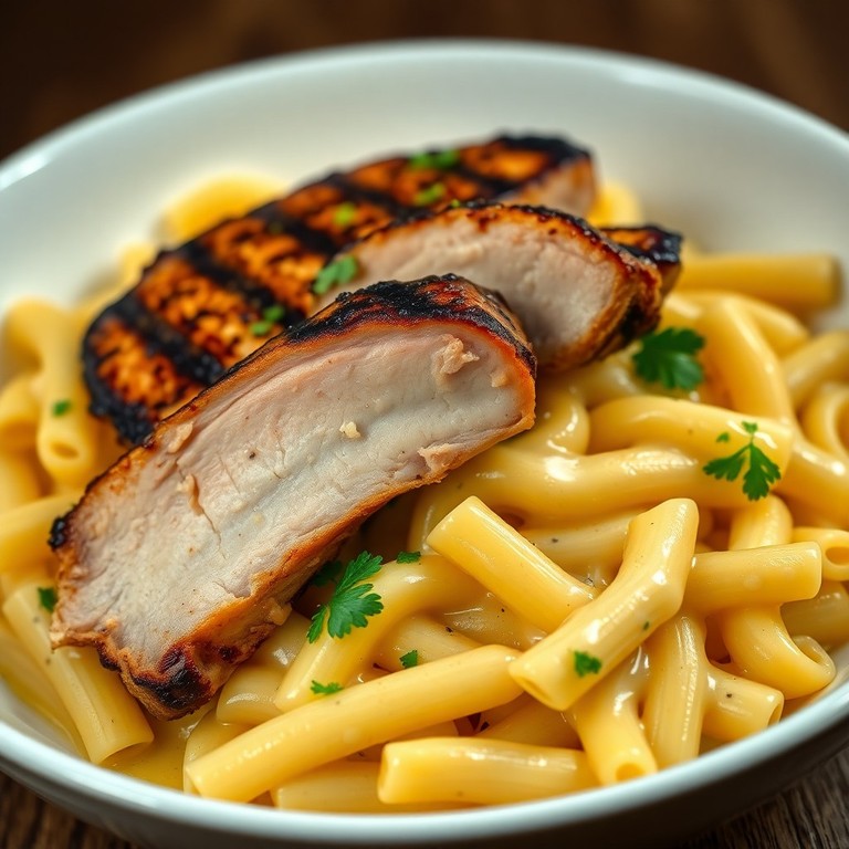 Pasta Cremosa con Salsa de Queso y Chuleta de Cerdo a la Parrilla