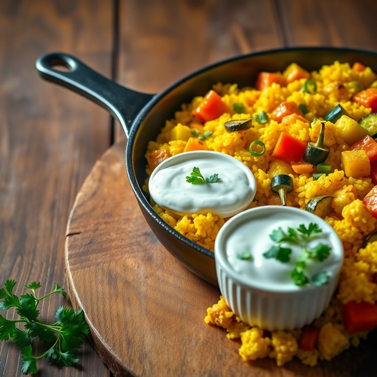 Aromatische Paprika-Reis-Pfanne mit histaminarmem Joghurt-Dip