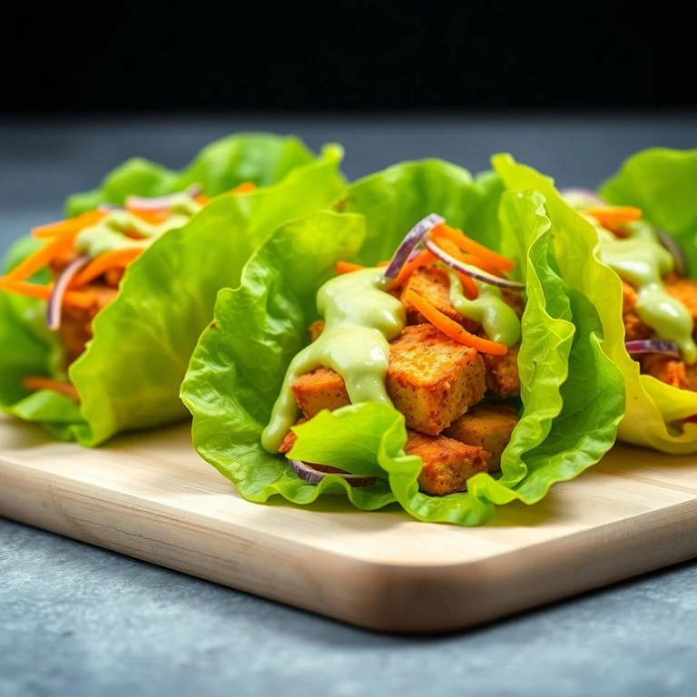 Tacos de Lechuga con Tofu Marinado y Salsa Cremosa de Aguacate
