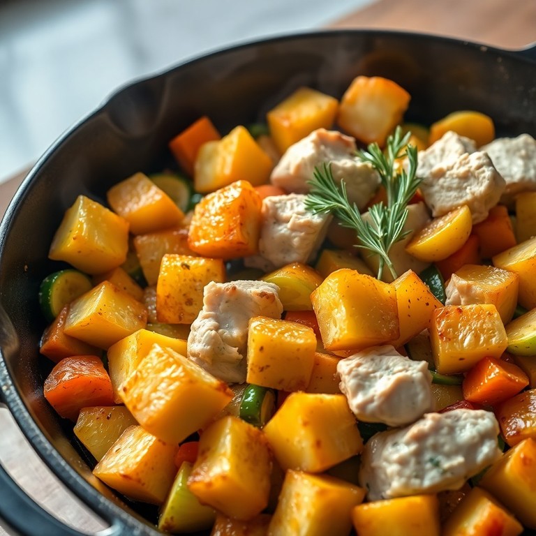 Schnelle Puten-Gemüse-Pfanne mit Rosmarinkartoffeln