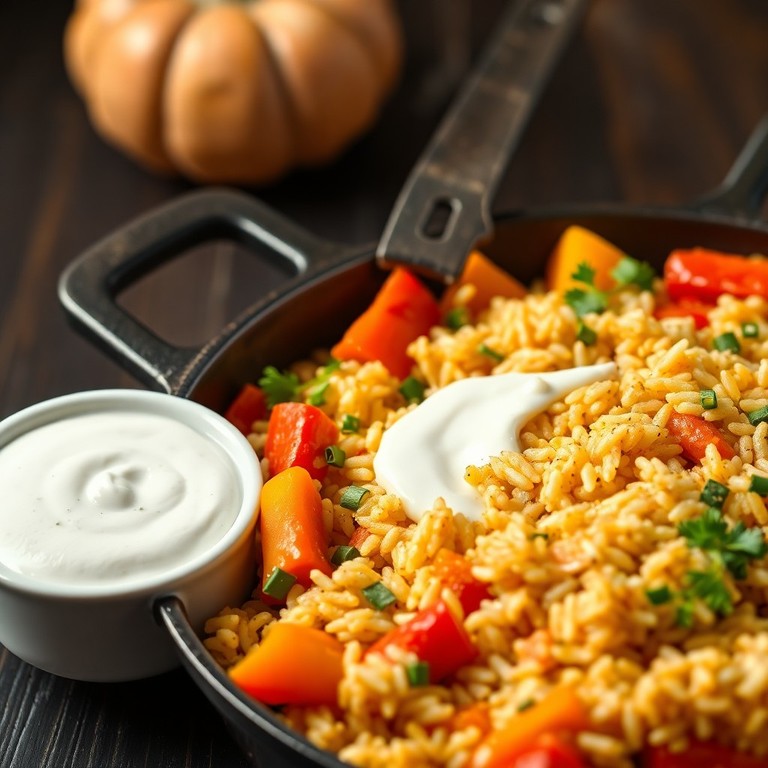 Aromatische Paprika-Reis-Pfanne mit Kräuter-Joghurt-Dip