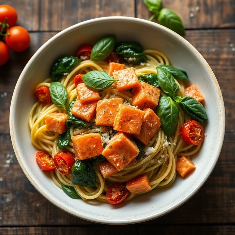 Spicy Salmon Pesto Whole Wheat Pasta with Extra Veggies (For Two)