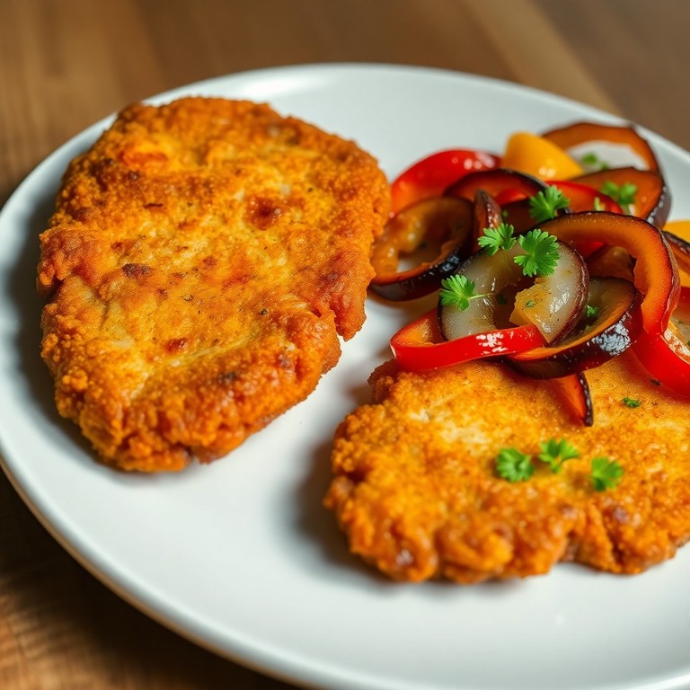 Milanesas de Pollo Crujientes con Ensalada de Pimientos y Cebolla Asados