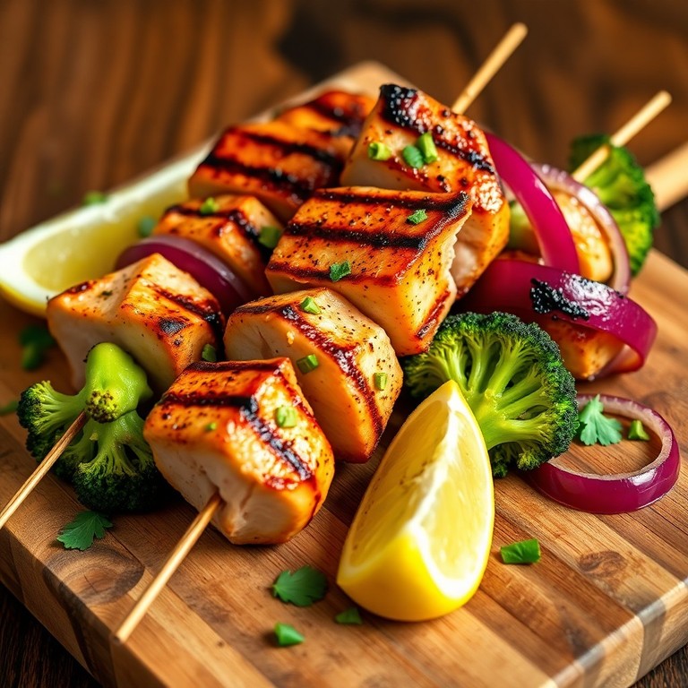 Brochetas de Pavo, Brócoli y Cebolla a la Parrilla con Marinada de Especias Ligeras