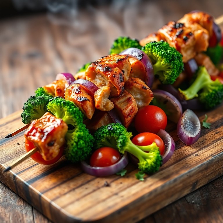 Brochetas de Pavo, Brócoli, Cebolla y Tomate Cherry a la Parrilla