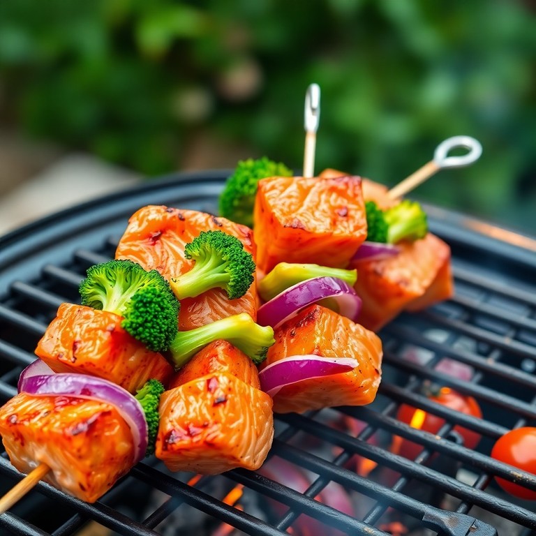 Brochetas de Salmón, Brócoli, Cebolla y Tomate Cherry a la Parrilla
