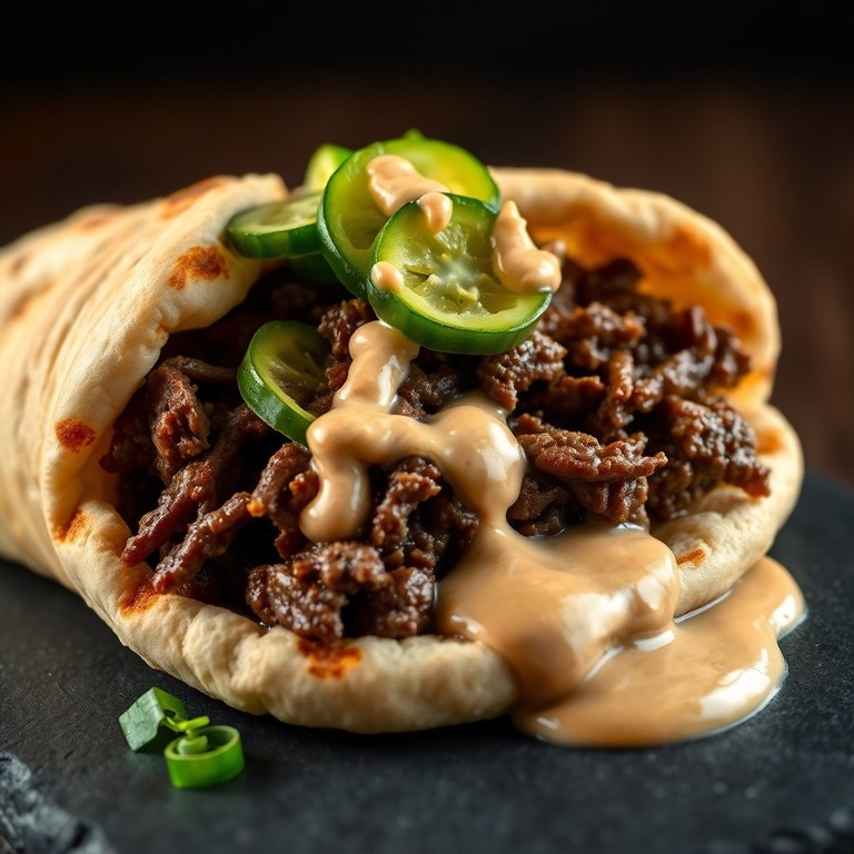 Pita Rellena de Ternera Melosa con Salsa Satay y Pepinos Encurtidos