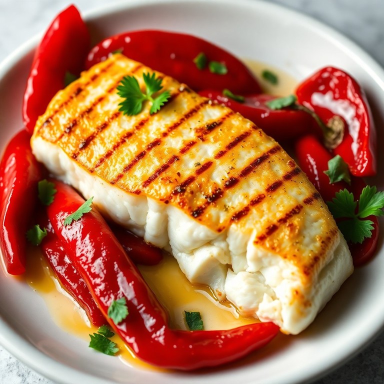 Bacalao a la Plancha con Pimientos de Piquillo y Vinagreta de Ajo