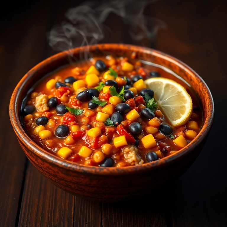 Herzhafter Linsen-Mais-Reis-Eintopf mit schwarzen Bohnen