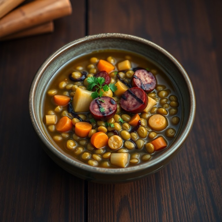 Herzhafter Linseneintopf mit geräucherten Würstchen