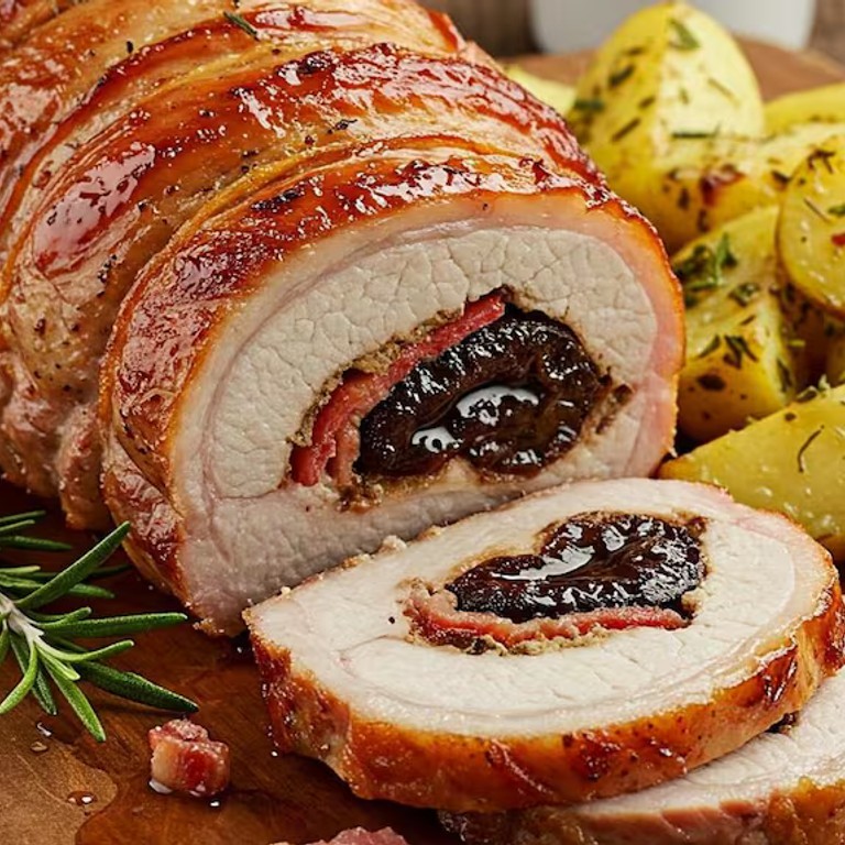 Porchetta en Salsa de Ciruelas, Mil Hojas de Papa y Ensalada Waldorf