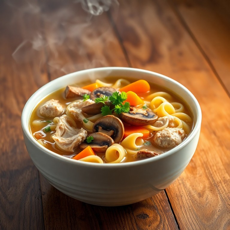 Klassische Hühnersuppe mit Champignons und Eiernudeln