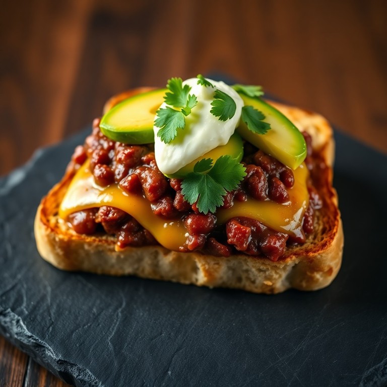 Open-Faced Gourmet Chili Burger Toastie with Avocado and Smoked Cheddar