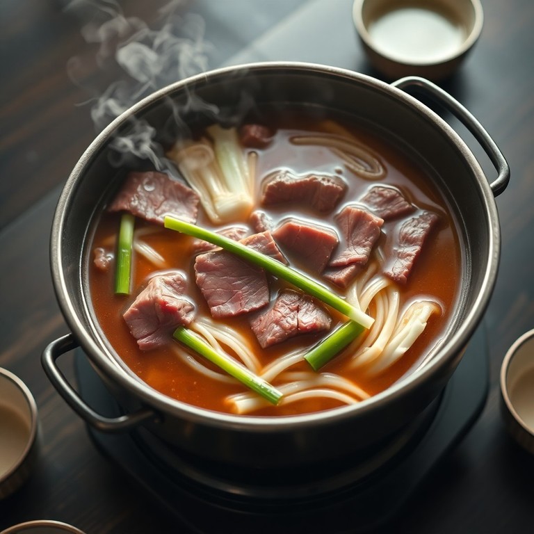 Traditionelles Sukiyaki mit zartem Rindfleisch und Udon-Nudeln