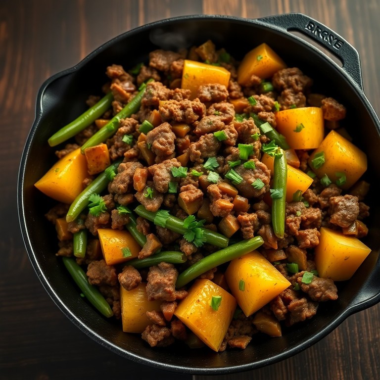 Poêlée Rustique de Steak Haché, Pommes de Terre et Haricots Verts