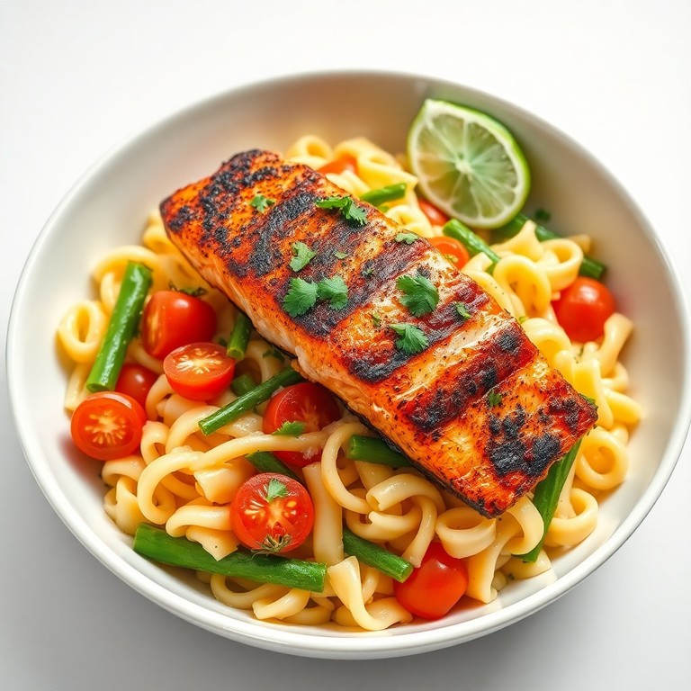 Jerk Salmon Pasta Primavera