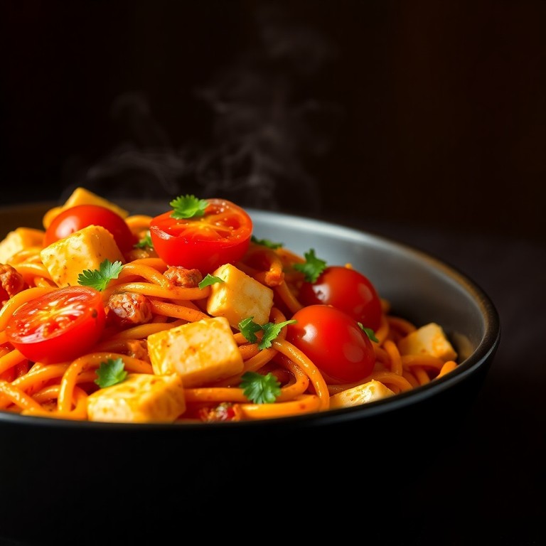 Spicy Chili Oil Paneer and Tomato Pasta Stir-fry