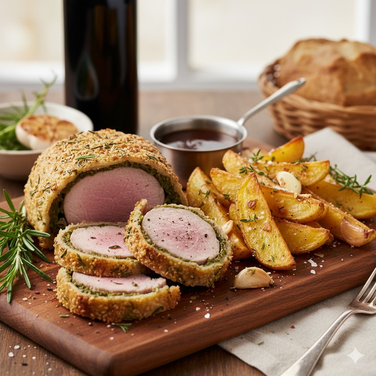 Filet Mignon de Porc en Croûte d'Herbes avec Pommes de Terre Rôties à l'Ail