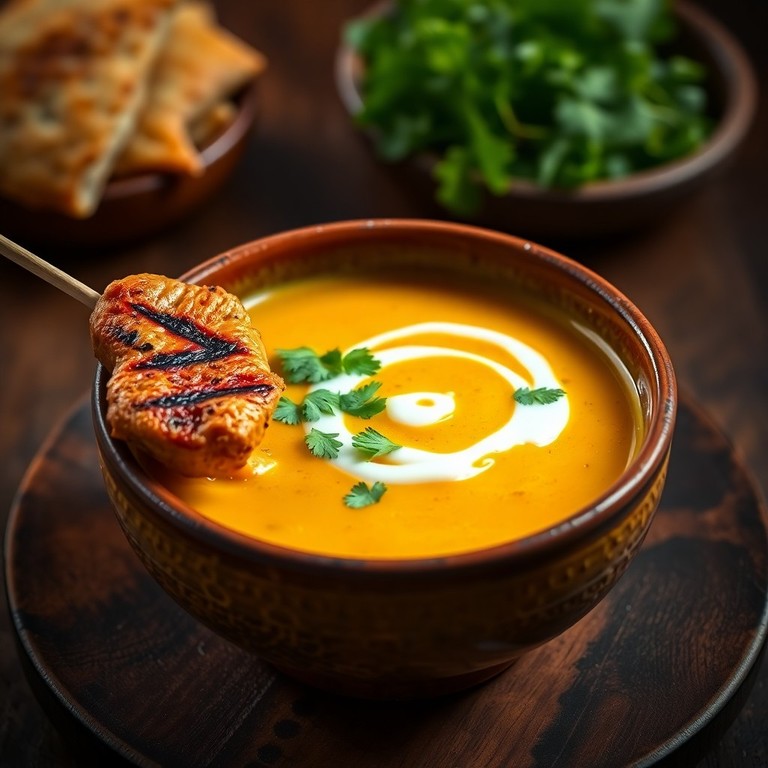 Herzhafte Linsen-Kokos-Suppe mit Kartoffeln und Hähnchenspieß