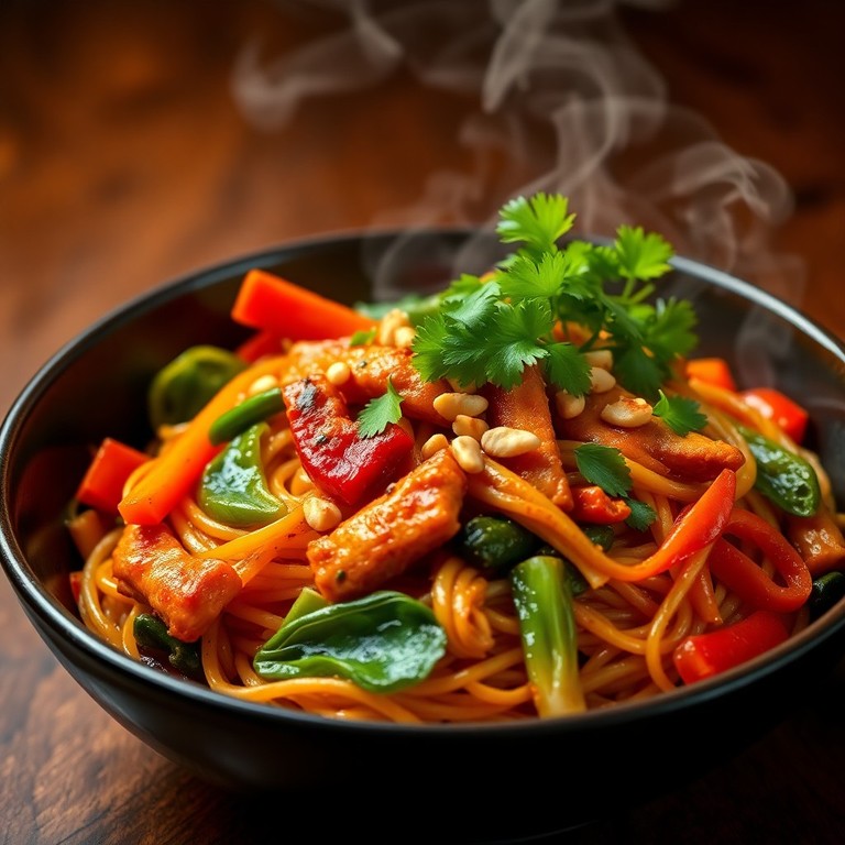 Poulet Épicé aux Nouilles de Riz Sautées à l'Asiatique