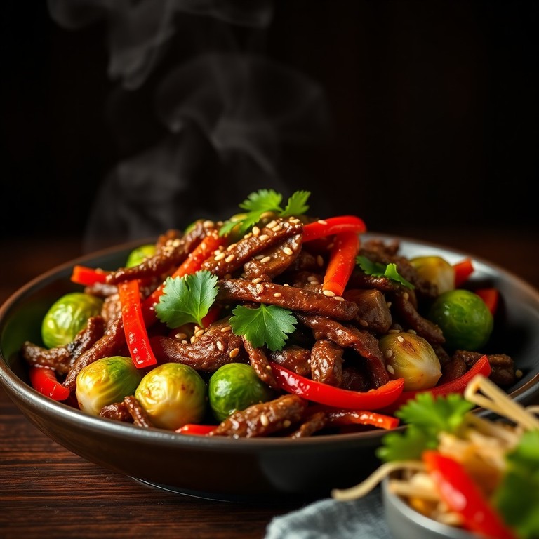 Asiatisches Rindfleisch mit Rosenkohl und Ingwer