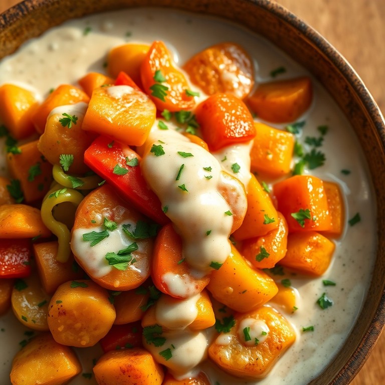 Gebratene Kartoffeln mit Lauch und Karotten, vollendet mit Sahnesoße