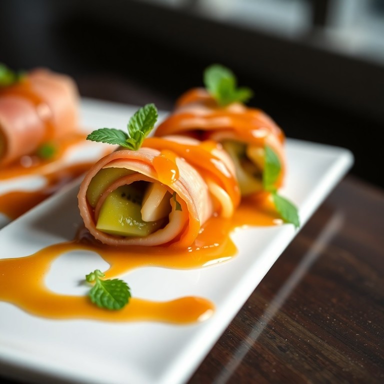 Rollitos de Jamón York y Queso con Manzana y Kiwi en Salsa Dulce Aromática
