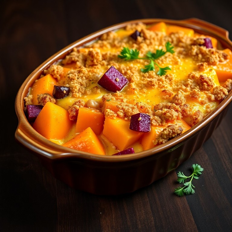Herzhafter Kürbis-Rote-Bete-Auflauf mit Käse überbacken