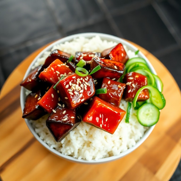 Sweet Chilli Glazed Aubergine Rice Bowl with Cooling Cucumber Salad