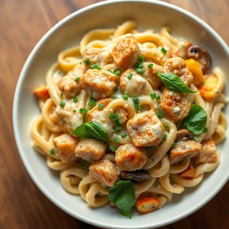 Groente- en Kippasta in Romige Basilicumsaus