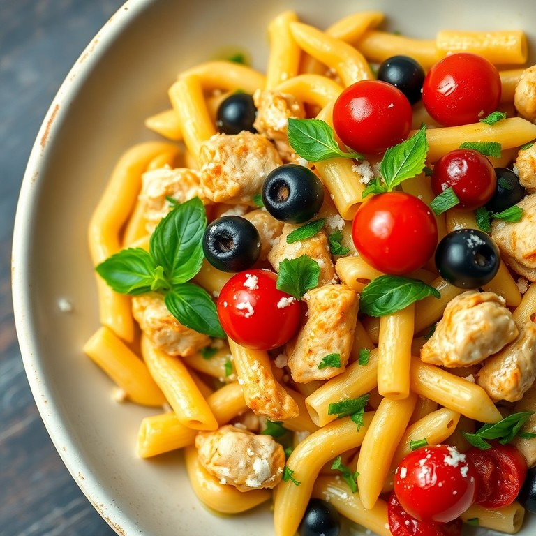 Mediterrane Hühner-Nudel-Pasta mit frischem Basilikum