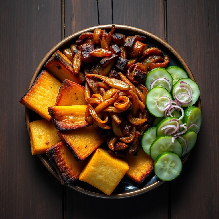 Yuca Asada con Cebollín Frito y Ensalada Cubana de Pepino