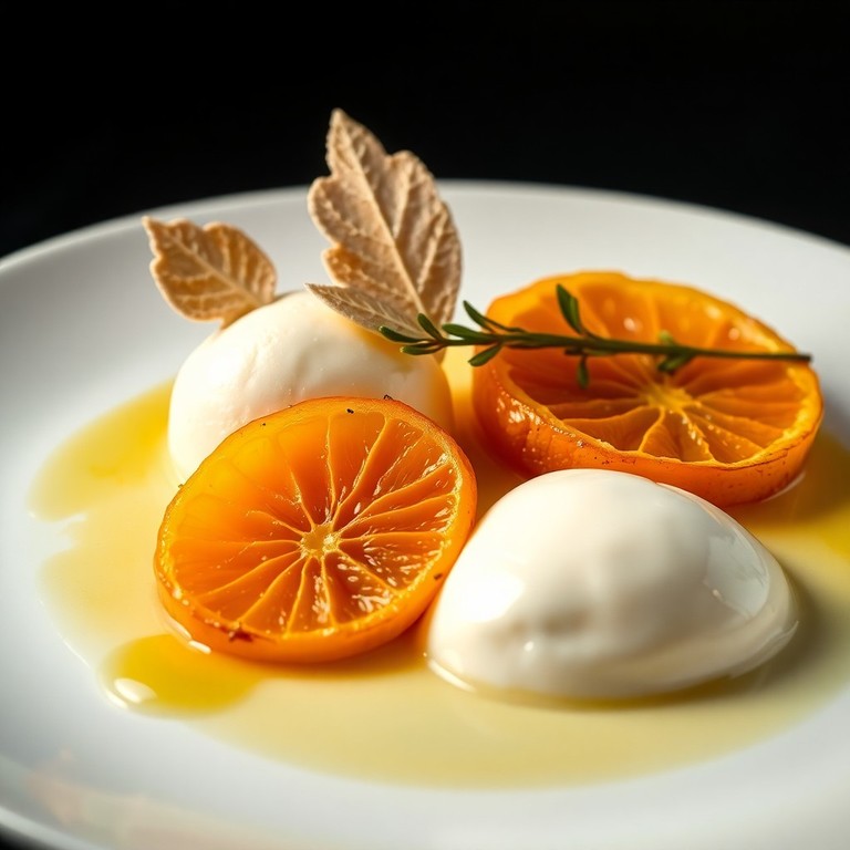 Assiette d'Agrumes Glacés, Orange Rôtie au Thym et Pâte à Cigarette