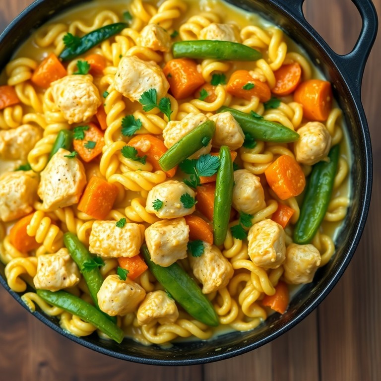 Cremige Hähnchen-Gemüse-Nudelpfanne mit Zuckerschoten und Karotten (Histaminarm)
