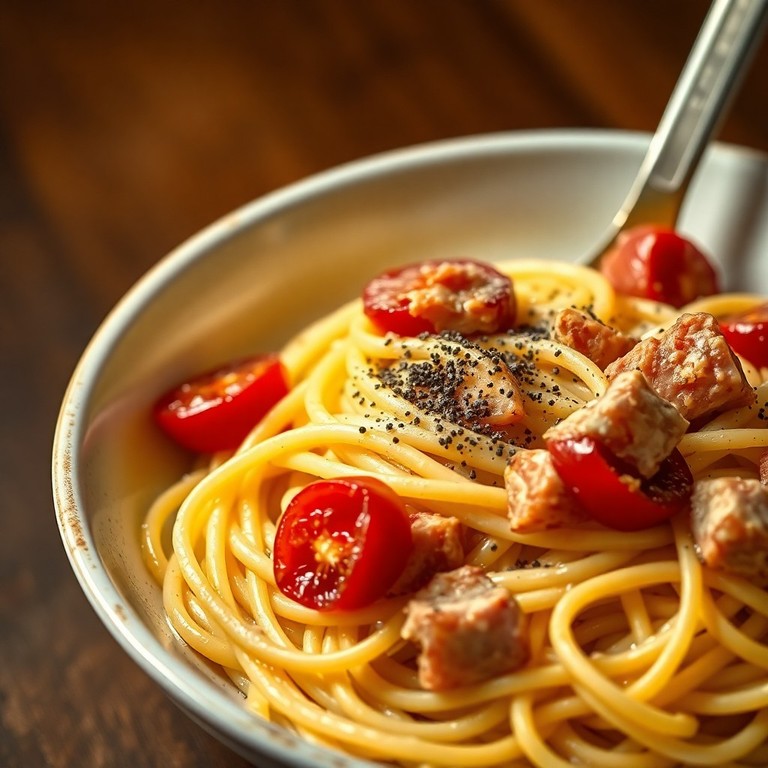 Spaghetti Carbonara aux Joues de Porc Croustillantes et Tomates Cerises